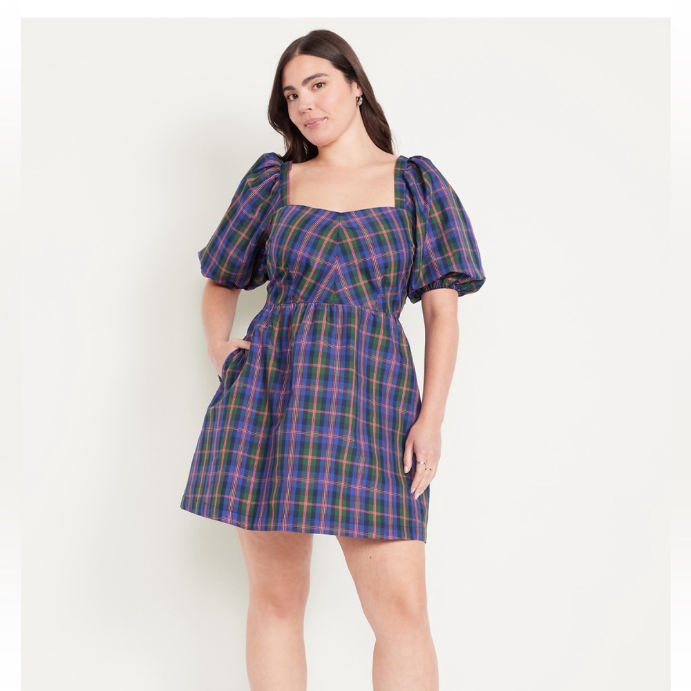 Old Navy Plaid blue Puff  Sleeve Fit and Flair Dress